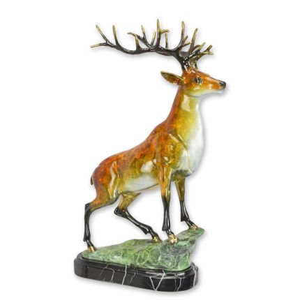 Bronzefigur Hirsch - H. 55,7 cm - mehrfarbig - Marmorsockel