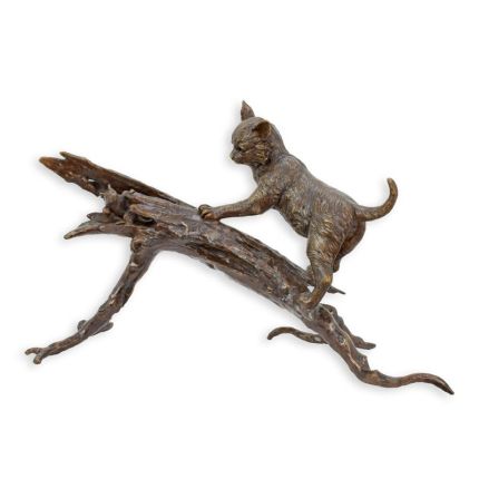 Bronzetierfigur Katze mit Maus auf einem Ast, Katzenfigur, A BRONZE SCULPTURE OF A CAT AND MOUSE ON BRANCH