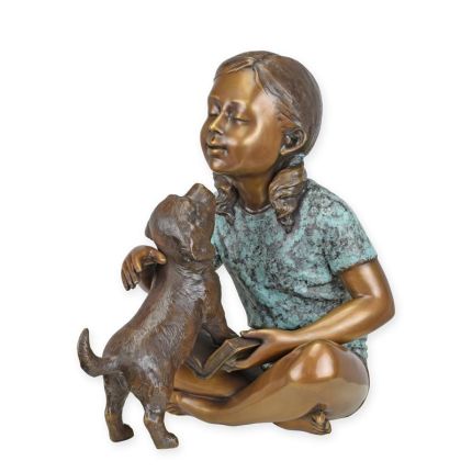 Bronzefigur Mädchen mit Buch und Hund - mehrfarbig - Höhe 47 cm