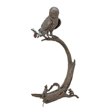 Bronzefigur Eule auf einem Ast, A BRONZE SCULPTURE OF AN OWL IN TREE