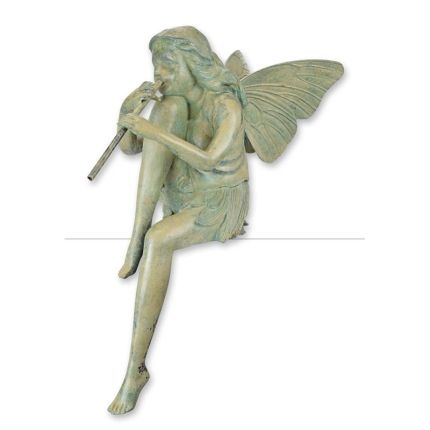 Bronzefigur Elfe, Fee, A BRONZE SCULPTURE OF A SEATED FAIRY PLAYING FLUTE