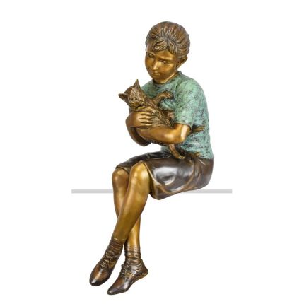 Bronzefigur Mädchen mit Katze - Gartenfigur - Sitzfigur