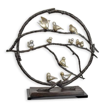 Moderne Bronzedekoration Vögel in einem Baum, Standdekoration, rund, A MODERNIST BRONZE SCULPTURE OF BIRDS IN A TREE