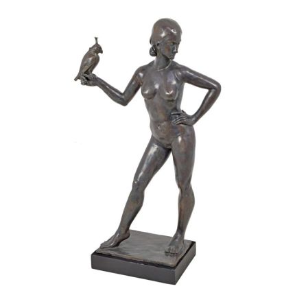 Bronzefigur Falknerin, A BRONZE SCULPTURE OF A FEMALE NUDE FALCONER