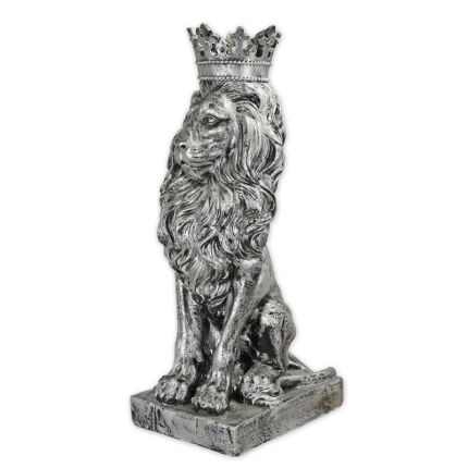 Kunststeinfigur gekrönter Löwe, silberfarben, Polyresin, A RESIN CROWNED LION - OLD SILVER