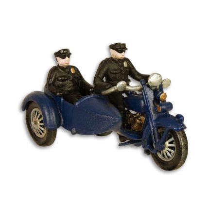 Miniatur-Motorrad mit Seitenwagen aus Gusseisen, A CAST IRON POLICE MOTORBIKE WITH SIDECAR