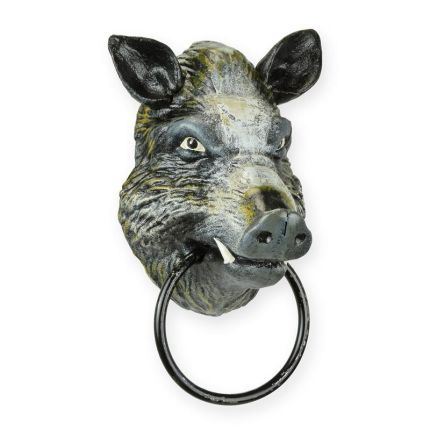 Türklopfer aus Gusseisen mit Wildschweinfigur, A CAST IRON WILD BOAR HEAD TOWEL-HOLDER