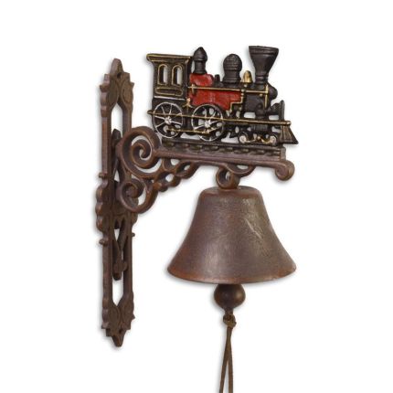 Paar Wandglocken mit roter Lokomotive, A PAIR OF CAST IRON RED TRAIN BELLS