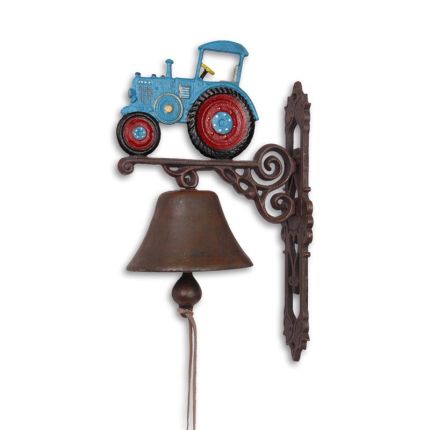 Paar Gusseisenglocken mit Traktordekoration, A PAIR OF CAST IRON RED AND BLUE TRACTOR BELLS