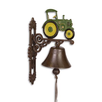 Paar Gusseisenglocken mit Traktordekoration, A PAIR OF CAST IRON GREEN AND YELLOW TRACTOR BELLS