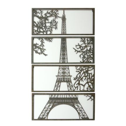 Vierteilige Wanddekoration Eiffelturm aus Eisen, A WALL MOUNT IRON FOUR-PANEL DEPICTING THE EIFFEL TOWER