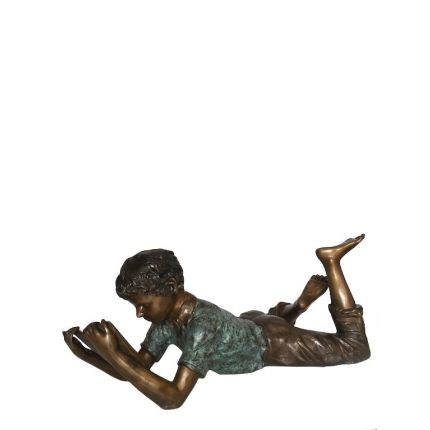 Bronze Figur, liegender Junge mit Buch , Bronzefigur, Skulptur, Statue