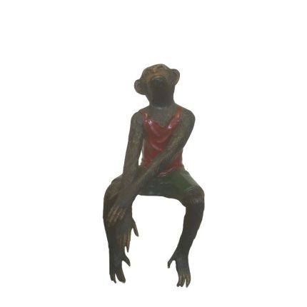 Bronze Figur, Affe sitzend mit rotem Hemd, Kantenfigur, Schimpanse, Tierfigur, Figur, Bronzefigur