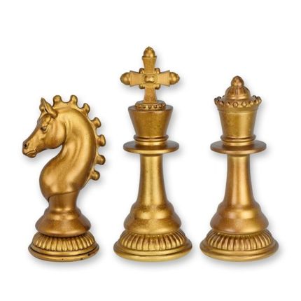 3er-Set Schachfiguren, Springer, König, Dame - H. 30,4 cm - Polyresin - goldfarben