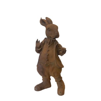 Gusseisen Figur, bekleideter Hase mit Pfeife, rostfarben, Tierfigur, Tier