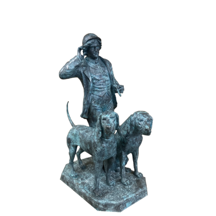 Bronze Figur, Jäger mit zwei Hunden, Männerstatue, Bronzefigur, Gartendekoration