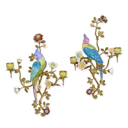 Wandkerzenhalter mit Papageien - Porzellan mit Bronzeanteilen