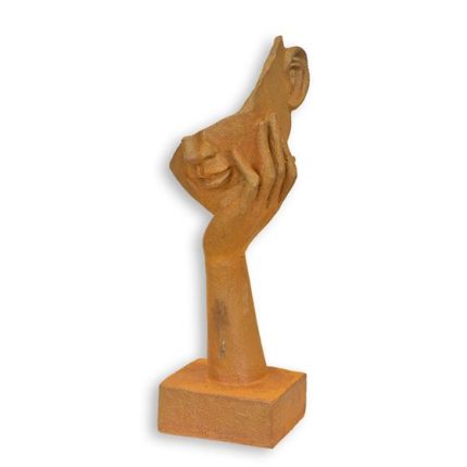 Dekofigur Kopf auf Hand - H. 28,7 cm - Gusseisen - rostige Oberfläche