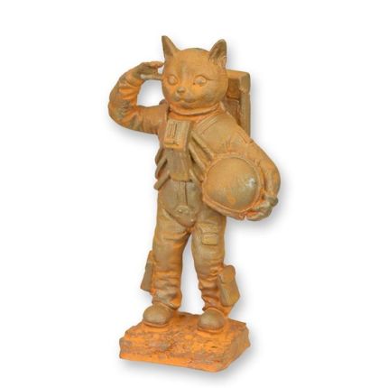 Katzenfigur als Astronaut - H. 22,9 cm - Gusseisen - rostige Oberfläche