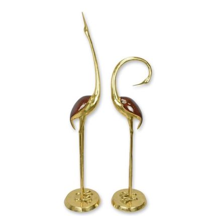 2er-Set Kranichfiguren - H. 139/173,5 cm - Bronze - goldfarben + rot