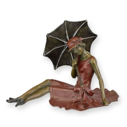 Bronzefigur sitzende Frau mit Regenschirm (Wiener Bronze) , SITTING LADY WITH UMBRELLA RED COLOUR (VIENNA BRONZE)