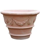 Impruneta Terracotta, Vaso Festonato, Blumentopf, rund, Rosettendekor, Girlande, Streifenverzierung