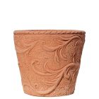 Impruneta Terracotta, Vasetto tralcio foglie, Blumentopf, klein, rund, verziert, grau, Blätterdekor, Terracottatopf