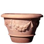 Impruneta Terracotta, Vaso Sannini festonato, Pflanztopf, rund, verziert, grau, Girlandendekor, Terracottatopf