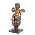 Bronzefigur Putte, mehrfarbig, Höhe 93 cm, Bronzeputte, Bronzeengel, Puttenfigur, Engelfigur, Gartenfigur, A BRONZE SCULPTURE OF A PUTTO WITH BIRD