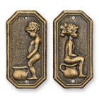 2er-Set Gusseisen-Wandschilder mit Mädchen und Junge, WC-Schilder, Höhe 17,2 cm, bronzefarbene Oberfläche, PAIR OF CAST IRON BOY AND GIRL TOILET PLAQUES -BRONZE LOOK